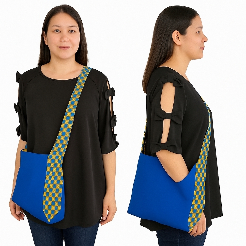 Handcrafted Blue Crossbody Bag With Vintage Silk Tie Strap